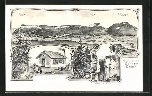 Künstler-AK Lochen, Schutzhütte, Gespaltener Fels, Balinger Berge mit Hörnle, Lochen und Schafberg