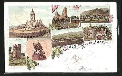Lithographie Rossla, Teilansicht, Kaiser-Wilhelm Denkmal, Reiterstandbild