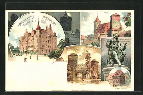 Lithographie Nürnberg, GrandHotel, Der Henkersteg, Dürer-Haus