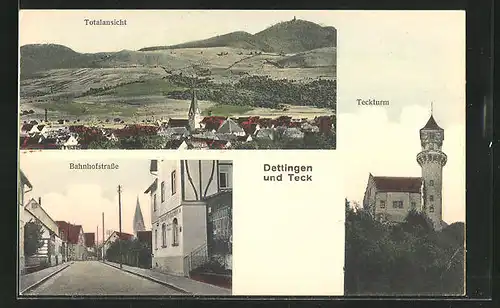 AK Dettingen unter Teck, Bahnhofstrasse mit Bahnhof-Restaurant, Teckturm, Totalansicht