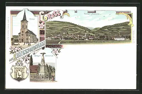 Lithographie Kaltennordheim, Totalansicht, Kirche, Krieger-Denkmal