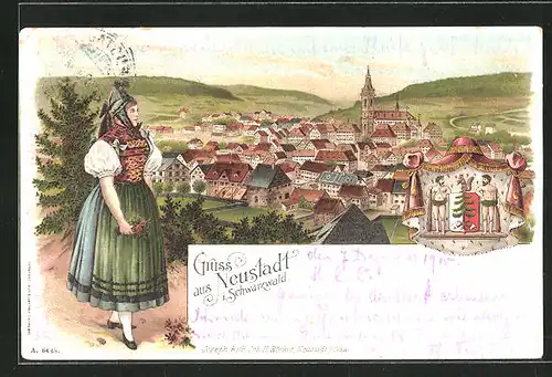 Lithographie Neustadt i. Schwarzwald, Teilansicht mit Kirche, Frau in Tracht