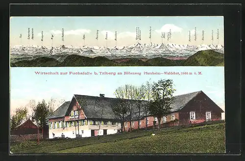AK Triberg, Gasthaus zur Fuchsfalle am Höhenweg Pforzheim-Waldshut, Bergpanorama mit Pilatus, Rigi und Tödi