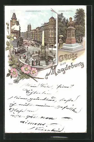 Lithographie Magdeburg, Hasselbachplatz mit Obelisk & Friesendenkmal