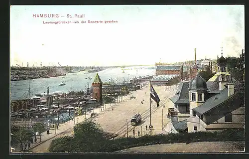 AK Hamburg-St. Pauli, Landungsbrücken von der Seewarte aus gesehen, Strassenbahn