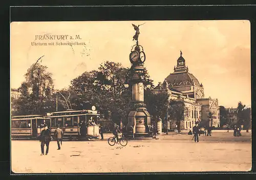 AK Frankfurt a. M., Uhrturm am Schauspielhaus, Strassenbahn