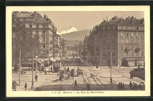 AK Genève, La Rue du Mont-Blanc, Strassenbahn