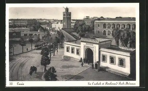 AK Tunis, La Casbah et Boulevard Bab-Ménara, Strassenbahn