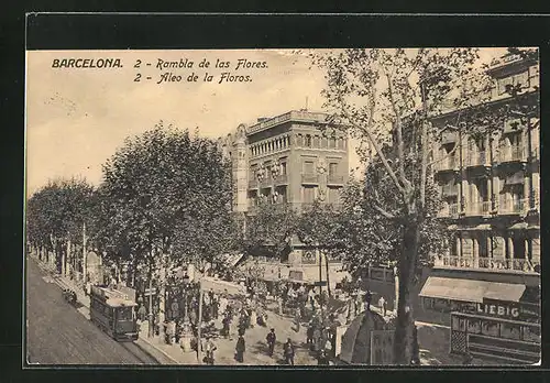 AK Barcelona, Rambla de las Flores, Strassenbahn