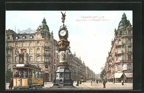 AK Frankfurt a. M., Kaiserstrasse mit Manskopf`s Uhrturm und Strassenbahn