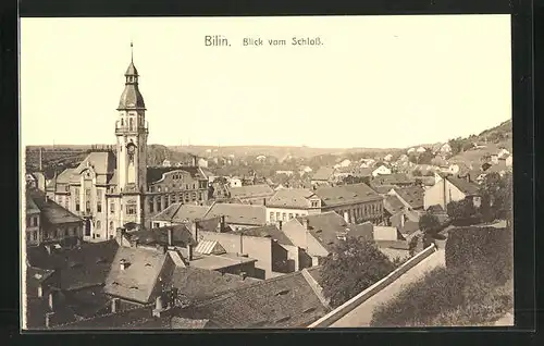 AK Bilin / Bilina, Blick vom Schloss auf die Kirche