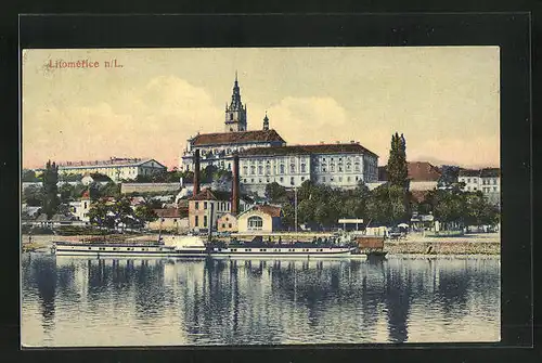 AK Leitmeritz / Litomerice, Ortsansicht mit Flusspartie und Kirchturm
