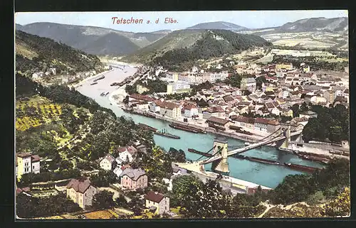 AK Tetschen-Bodenbach / Decin, Totalansicht mit Flusspartie und Brücke