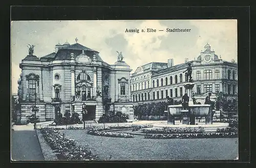 AK Aussig / Usti, Stadttheater mit Brunnen