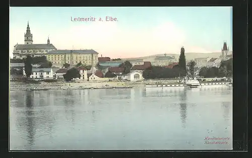 AK Leitmeritz / Litomerice, Flusspartie mit Dampfer und Kirche