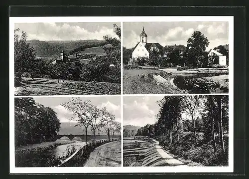 AK Niederstriegis, Fluss mit Brücke, Waldweg im Sonnenschein, Ortsansicht