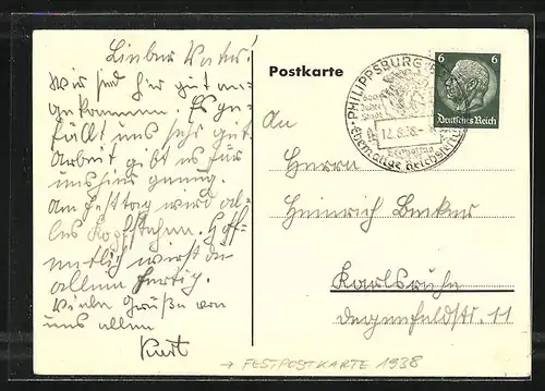 AK Philippsburg, Festpostkarte zu 600 Jahre Stadt 1938, Mann mit Trommel, Wappen