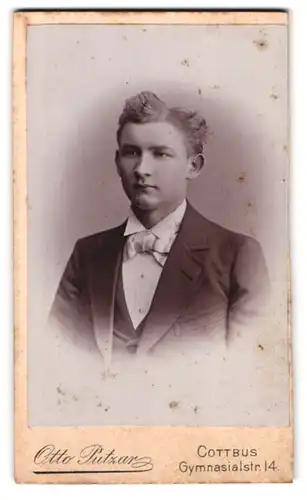 Fotografie Otto Putzar, Cottbus, Gymnasialstrasse 14, Portrait junger Herr im Anzug mit Fliege