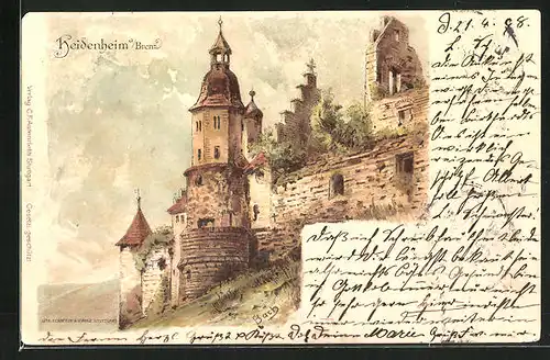 Lithographie Heidenheim a. Brenz, Blick zum Schloss