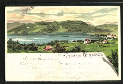 Lithographie Titisee, Totalansicht mit Kirche