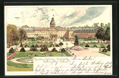 Künstler-AK Heinrich Kley: Karlsruhe, Residenz Schloss mit Denkmal