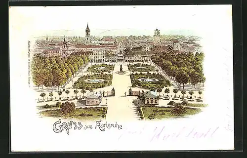 Lithographie Karlsruhe, Totalansicht vom Schloss aus gesehen