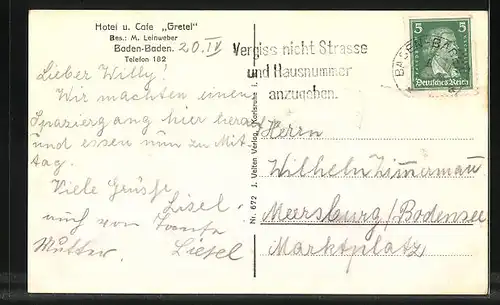 AK Baden-Baden, Hotel und Café Grethel, Inh. M. Leinweber