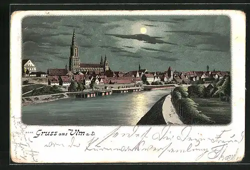 Mondschein-Lithographie Ulm a. D., Flusspartie mit Kirche