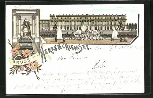 Lithographie Herrenchiemsee, Schloss mit Brunnen, Pfauenvase im Vestibul