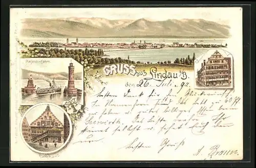 Vorläufer-Lithographie Lindau i /B., 1892, Gasthaus, Hafeneinfahrt, Rathaus