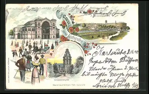 Lithographie Karlsruhe, Festhalle, Schlossturm, Friedrichsplatz