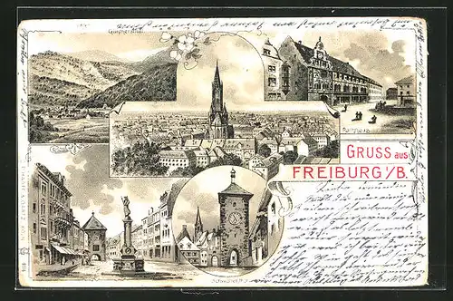 Lithographie Freiburg i /B., Rathaus, Schwabentor, Güntersthal