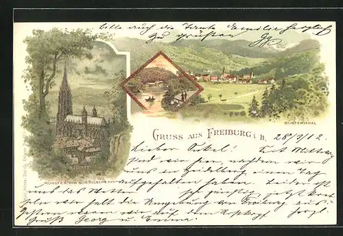 Lithographie Freiburg i /B., Günterstal, Münster vom Schlossberg aus, Uferpartie mit Boot