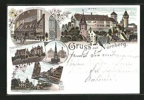 Lithographie Nürnberg, Gasthaus Bratwurtst Glöcklein, Germanisches Museum, Burg