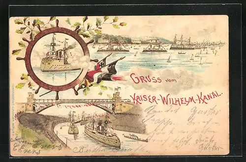 Lithographie Holtenau, Kaiser-Wilhelm-Kanal mit Dampfern, Brücke