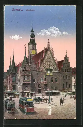 AK Breslau, Rathaus mit Strassenbahn