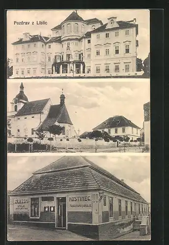 AK Liblice, Gasthaus, Kirche und Schloss