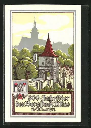 Künstler-AK Mies, Erinnerung an die 800 Jahrfeier 11.-13. Juli 1931, Partie an der Stadtmauer