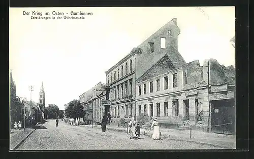 AK Gumbinnen, Zerstörungen in der Wilhelmstrasse mit Kirche