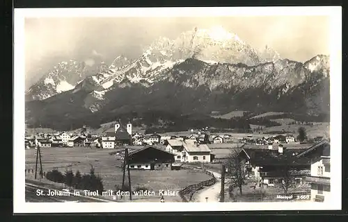 AK St. Johann, Ortsansicht mit dem wilden Kaiser