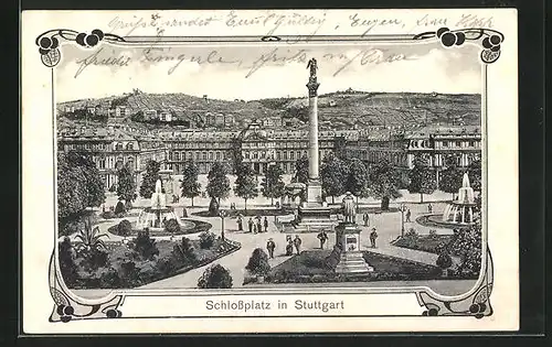 Künstler-AK Stuttgart, Schlossplatz mit Denkmal und Brunnen