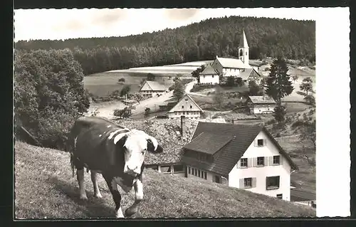 AK St. Roman, Gasthof zum Adler, Kirche und Kuh