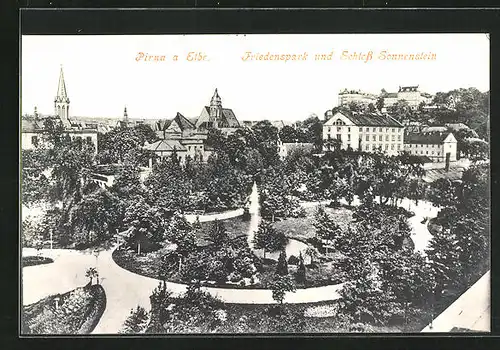 AK Pirna a. Elbe, Friedenspark und Schloss Sonnenstein