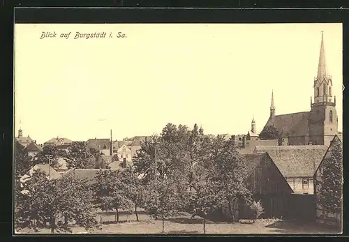 AK Burgstädt i. Sa., Blick über die Dächer der Stadt mit Kirche