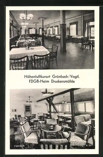 AK Grünbach /Vogtl., FDGB-Heim Druckersmühle, Innenansichten Speisesaal und Clubraum