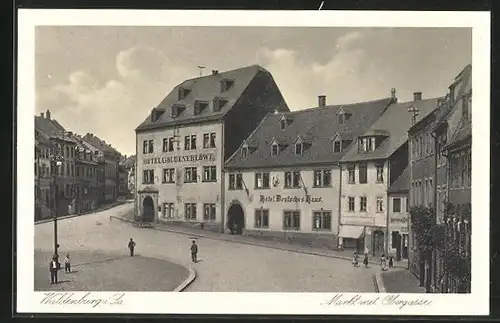 AK Waldenburg i. Sa., Hotel Goldener Löwe und Deutsches Haus am Markt mit Obergasse