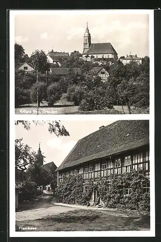 AK Krögis /Bez. Dresden, Ortspartie mit Kirche, Pfarrhaus