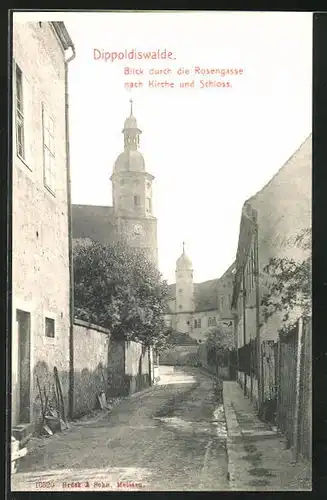 AK Dippoldiswalde, Blick durch die Rosengasse nach Kirche und Schloss