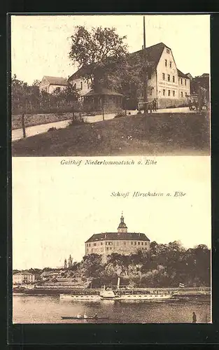 AK Niederlommatzsch a. Elbe, Gasthof Niederlommatzsch, Schloss Hirschstein und Dampfer auf der Elbe