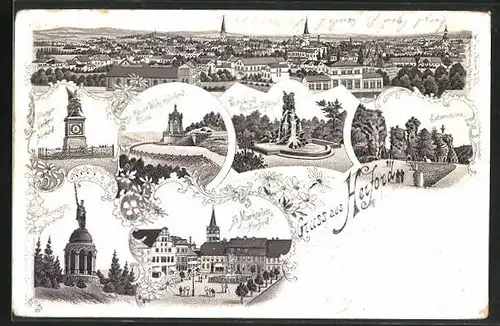 Lithographie Herford, Krieger-Denkmal, Hermann-Denkmal, Externsteine